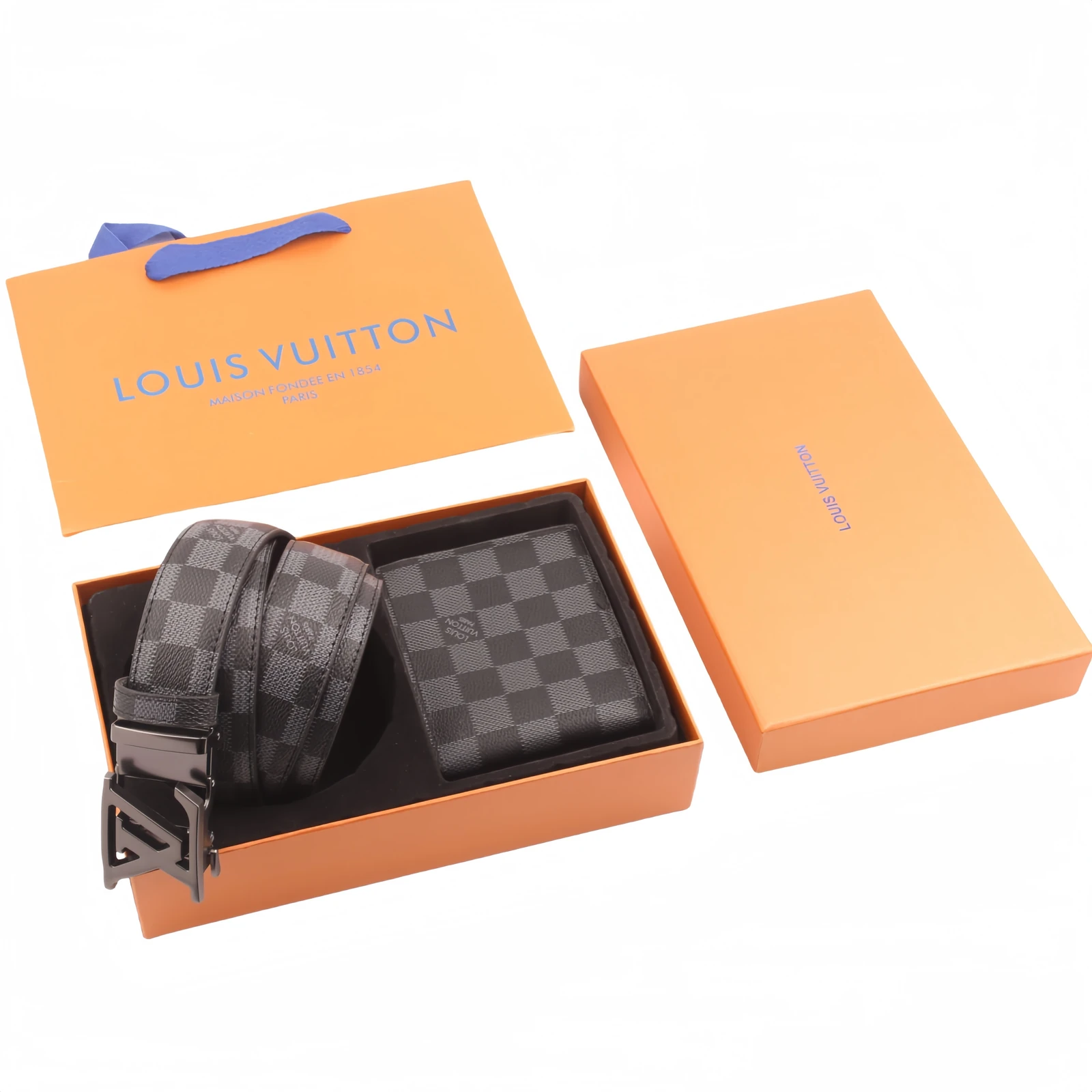 Conjunto de cinturón y cartera Louis Vuitton con hebilla LV recortada · CKS
